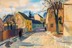 Ernst Schrom, Dorfgasse, 1961, Mischtechnik auf Papier