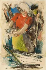 Oskar Gawell, Mädchen mit Fischen in einem Boot, Mischtechnik auf Papier