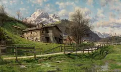 Peder Mørk Mønsted, Landscape with farm in Werfen, 1899, oil on canvas