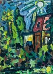 Miklós Németh, Im Gartenhaus, 1962, Öl auf Papier auf Karton