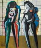 Zwei Akte im Badezimmer by Alfred Kornberger, 1996, Öl auf Leinwand; ungerahmt, sold Mar 2017