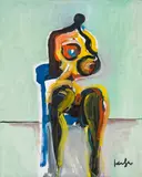 Alfred Kornberger, Abstrakter Akt auf blauem Stuhl, um 1998, Öl auf Leinwand; ungerahmt
