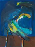 Alfred Kornberger, Abstrakter Akt mit gelbem Gesicht auf Stuhl, 1987, Mischtechnik auf Papier; gerahmt