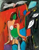 Alfred Kornberger, Bunter Akt mit blauen Strümpfen, 1999, Öl auf Leinwand; ungerahmt
