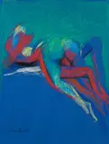 Alfred Kornberger, Liebespaar in Rot vor grünem Hintergrund, 1987, Ölkreide auf blauem Papier; gerahmt