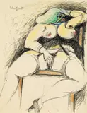 Alfred Kornberger, Akt sitzend aum Stuhl, 1986, Mischtechnik auf Papier; ungerahmt