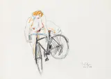 Alfred Kornberger, Akt mit orangen Haaren besteigt schwarzes Fahrrad