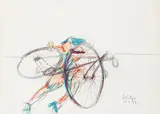 Alfred Kornberger, Akt in türkisen Schuhen mit buntem Fahrrad