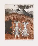 Peter Pongratz, Außerirdische vor Vulkanausbruch, um 1975, Farbradierung auf Papier; Auflage 7/ 20; ungerahmt