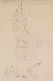 Studies for the portrait Friederike Maria Beer (studies of the right half of the jacket, of the right and left hand and two unused shoe studies) by Gustav Klimt, 1916, pencil on paper, sold Nov 2016