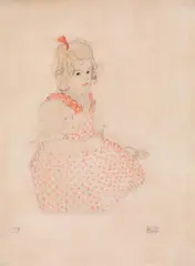 Egon Schiele, Girl with red bow in the hair, 1909, graphite and color pencil on paper