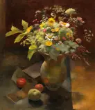 Ernst Nepo, Still life with flower bouquet and apples