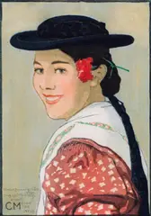 Carl Moser, Tiroler Bauernmädchen, 1920, color woodcut on paper