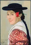 Carl Moser, Tiroler Bauernmädchen, 1920, color woodcut on paper