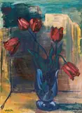 Felix Albrecht Harta, Flowers in blue vase, oil on canvas