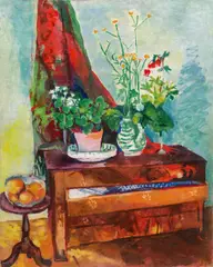 Robert Kohl, Interior with sideboard an flower still life, ca. 1930, oil on canvas