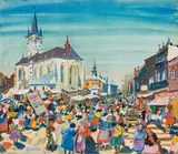 Oskar Laske, Markt in Eperies, mixed media on paper