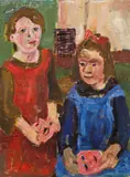 Hilde Goldschmidt, Two grils with mask, ca. 1922, oil on canvas