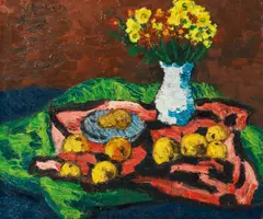 Karl Stark, Stillleben mit Früchten und Blumenvase, 1984, Öl auf Leinwand