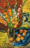 Still life with gladioli and apples by Karl Stark, 1986, oil on hardboard, sold Nov 2016