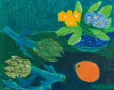 Gerhild Diesner, Still life with artichoke and orange, 1974, oil on canvas