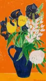 Gerhild Diesner, Flower still life with iris and yellow tulips, oil on canvas on cardboard