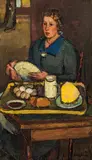 Anton Faistauer, Sitting woman with kitchen still life (Ida)