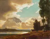 Eduard Kasparides, Evening wit sunset, oil on cardboard