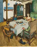 Herbert von Reyl-Hanisch, 'Legende von der Keuschheit' (Illustration zu Rudolf Georg Bindings "Keuschheitslegende", "Mädchen in der Stube des Bauern"), 1923, gouache on paper