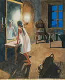 Herbert von Reyl-Hanisch, 'Legende von der Keuschheit' (Illustration zu Rudolf Georg Bindings "Keuschheitslegende", "Evelein in der Kammer von Maria und Magdalena"), 1923, gouache on paper