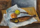Ferdinand Stransky, Still life with fish, 1980, oil on paper on cardboard