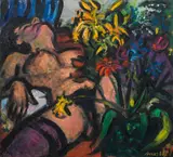 Helmut Arnez, Female nude with violett stockings and flowers, 1980, oil on canvas