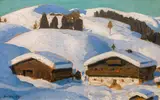 Alfons Walde, Tyrolean farmsteads in winter, ca. 1922, oil on paper on cardboard