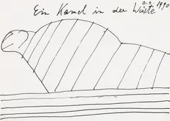 Ein Kamel in der Wüste" (A camel in the desert) by Oswald Tschirtner, 1990, India ink on paper; framed, sold Nov 2016