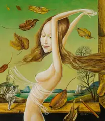 Eduard Klell, Traunseemädchen" (Traunsee-maid), 1979, oil on panel; framed