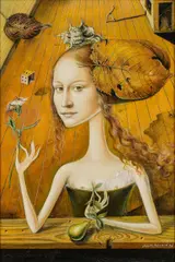 Eduard Klell, Bildnis mit Laub" (Portrait with foliage), 1973, oil on panel; framed