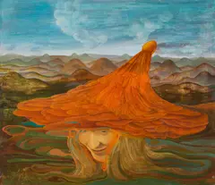 Kurt Regschek, Mädchen mit rotem Hut" (Girl with a red hat), 1969, oil on press board; framed