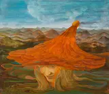 Kurt Regschek, Mädchen mit rotem Hut" (Girl with a red hat), 1969, oil on press board; framed