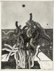 Erwin Reiter, Astronauten auf die Erde zuschwebend" (Astronauts floating to the earth), 1975, India ink on paper; unframed