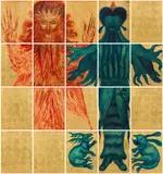 Arik Brauer & Ernst Fuchs, Untitled, 1968, oil on gold grounded hardboard; each panel is framed