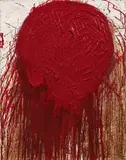 Hermann Nitsch, Schüttbild" (splatter painting), 2009, oil, blood on canvas; unframed