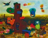 Arik Brauer, Turm aus gebrannter Erde, 1963, oil on plywood on acrylic; framed