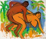 Copulating couple in red under palm trees by Otto Muehl, 1984, oil on canvas; unframed, sold Nov 2016