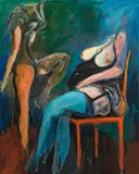 Sitting and standing nude with red chair by Alfred Kornberger, 1996, oil on canvas; unframed, sold Nov 2016