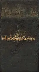 Hans Bischoffshausen, Materialschlacht I" (Material battle I), 1957, oil, varnish, asphalt, ash on hardboard; framed