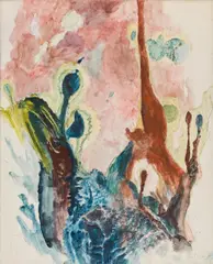 Max Weiler, Blaue Bäume und Purpurhimmel" (Blue trees and purple sky), 1973, egg tempera on canvas; framed
