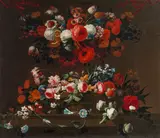 A flower garland with flower basket on a stone base by circle of Pieter Casteels, oil on canvas, sold Oct 2016
