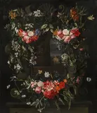 A flower garland around a cartouche with landscape view by circle of Carstian Luyckx, oil on canvas, sold Oct 2016