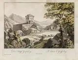 Ferdinand Runk, Das Schloss Greifenburg, outline etching, contemporary coloration, with slim white margins