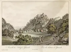 Ferdinand Runk, Ansicht des Schlosses Glaneck, outline etching, contemporary coloration, with slim white margins